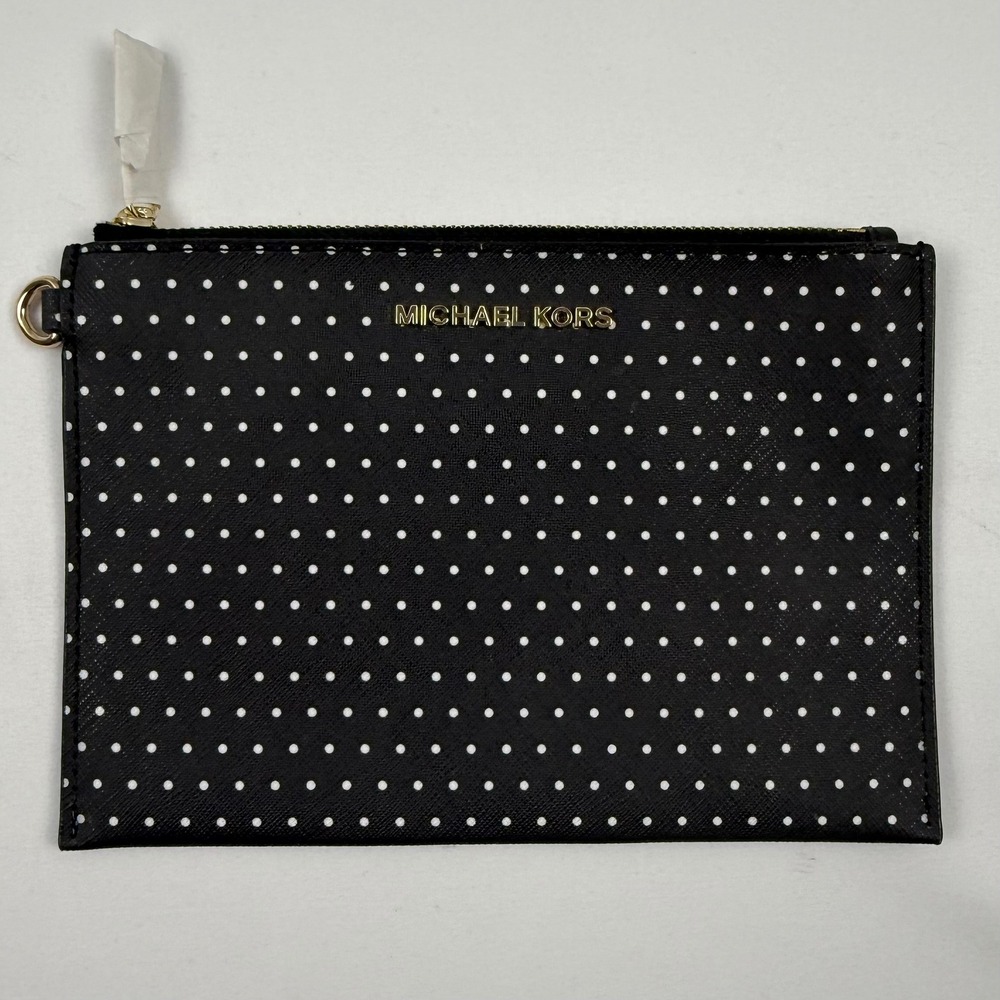 Michael Kors Black White Polka Dot Saffiano Leather Zip Pouch Clutch Bag